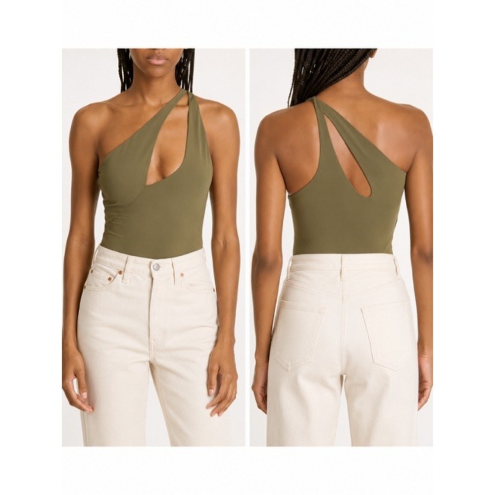Alix NYC Olive Green One Shoulder Cutout Bodysuit Asymmetrical Sleeveless Top